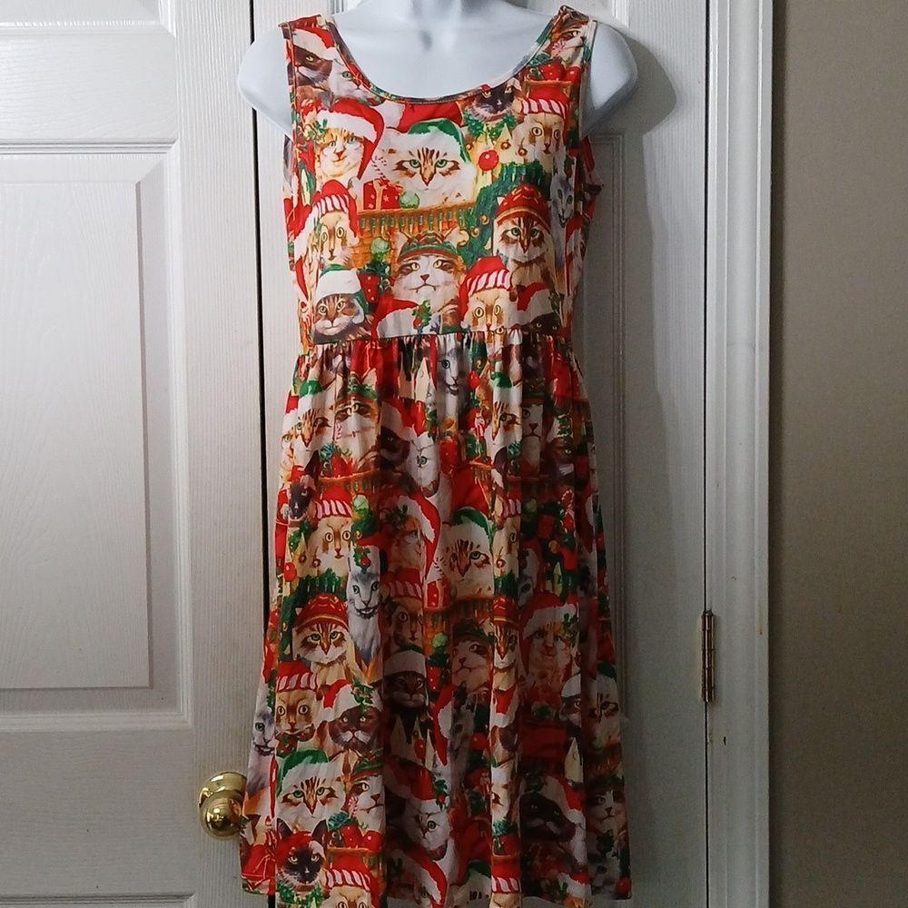 Kuiyige Christmas holiday caroling  santa cats kittens a-line dress Sz S NWOT